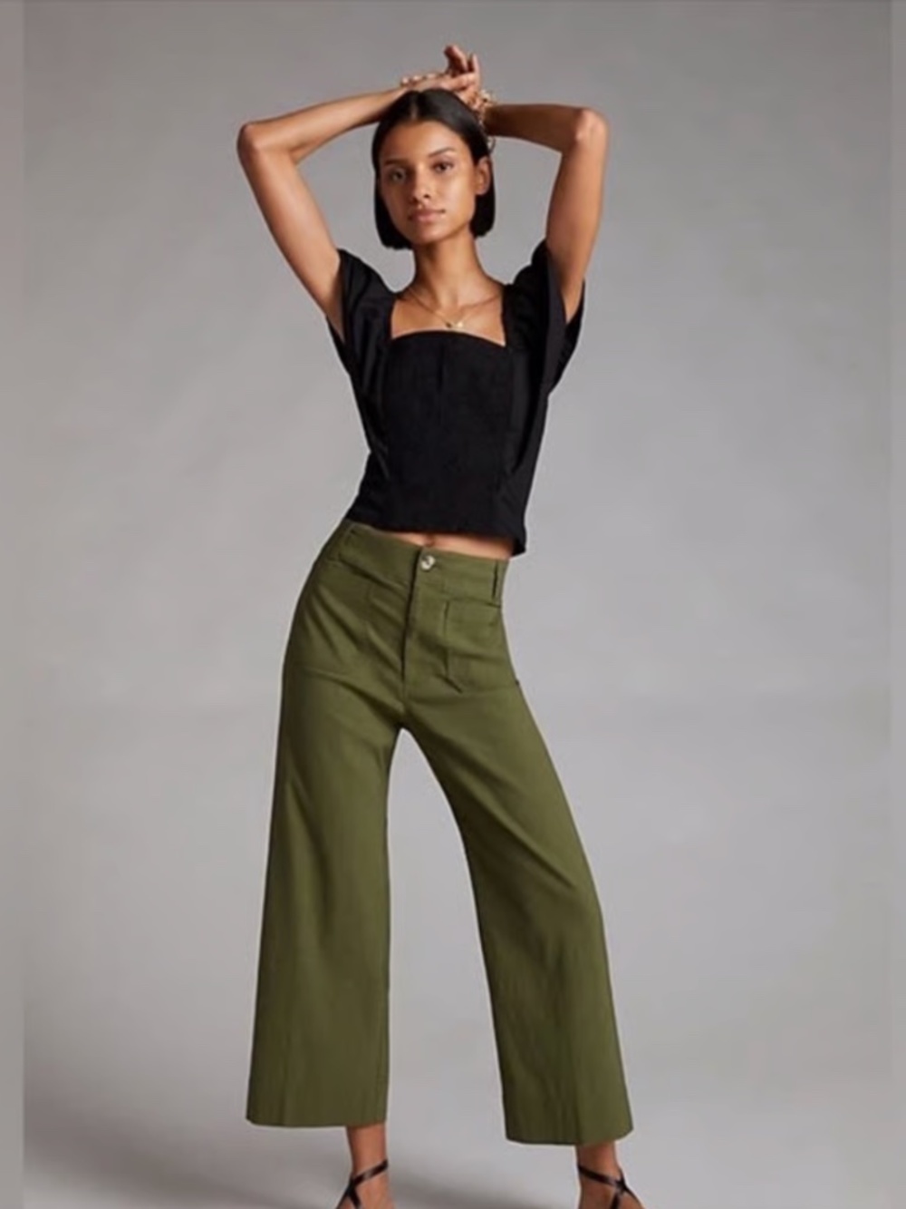 Maeve Anthropologie The Colette Cropped Wide-Leg Pants Dried Fern Green Size 28
